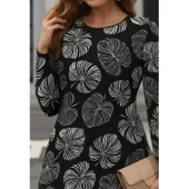 Lucky Life Kadın Uzun Kollu Bisiklet Yaka Desenli Kısa Krep Elbise - 1