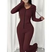 Lucky Life Kadın Uzun Kollu Kapşonlu Bağcıklı önü Fermuarlı Viskon Iki Iplik Bluz Ve Pantolon Ikili Takım thumbnail 1