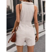 Lucky Life Kadın Sıfır Kollu Yakalı Düğmeli Belden Kuşaklı Kısa Keten Tulum - 5