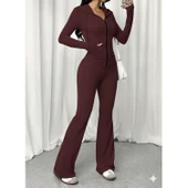 Lucky Life Kadın Uzun Kollu Kapşonlu Bağcıklı önü Fermuarlı Viskon Iki Iplik Bluz Ve Pantolon Ikili Takım thumbnail 2