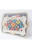 renkli çiçekler Çay Tepsi 42x32x4 CM ve 37x26.5 CM 2 Li Desenli Plastik Dikdörtgen Çay Kahve Tepsisi Servis Tepsi thumbnail 2