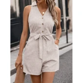 Lucky Life Kadın Sıfır Kollu Yakalı Düğmeli Belden Kuşaklı Kısa Keten Tulum - 4