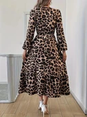 Lucky Life Uzun Kollu Bisiklet Yaka Leopar Desenli Midi Süprem Elbise thumbnail 5