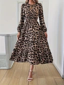 Lucky Life Uzun Kollu Bisiklet Yaka Leopar Desenli Midi Süprem Elbise thumbnail 9