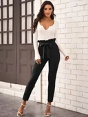 Lucky Life Kadın Yüksek Bel Beli Fırfırlı önden Bağlamalı Ithal Krep Pantolon thumbnail 7