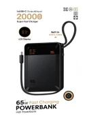 20000mAh 65W Hızlı Şarj Dijital göstergeli Type-C Kablolu/Girişli Askılı Powerbank Siyah thumbnail 1