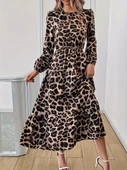 Lucky Life Uzun Kollu Bisiklet Yaka Leopar Desenli Midi Süprem Elbise thumbnail 8