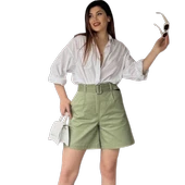 Rahat Kesim Kemerli Mom Şort - HAKİ - 1