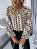 Lucky Life Kadın Uzun Kollu Damla Detaylı Yaka Desenli Süprem Bluz thumbnail 11