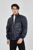 Erkek Fermuarlı İçten Elyaf Ve Astarlı Suni Deri Ceket - Lacivert thumbnail 2