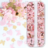 Pembe ve Gold Tırnak Süsleme Folyo Pulları Karışık Dizayn Kelebek Kalp Tavşan Çiçek Nail Art thumbnail 2