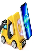 ULTRATEKNO T20 15W Dijital Saatli Forklift Şekli 5in1 Masaüstü Kablosuz Magsafe Şarj Standı thumbnail 1