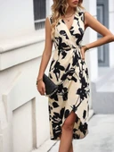 Kadın Sıfır Kol Kruvaze Yaka önden çapraz Kesim Detaylı Desenli Oysho Süprem Elbise thumbnail 2