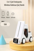 ULTRATEKNO T20 15W Dijital Saatli Forklift Şekli 5in1 Masaüstü Kablosuz Magsafe Şarj Standı thumbnail 6