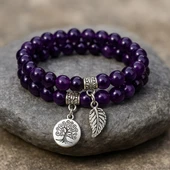 Valkyrie Doğal Ametist Taşlı Çift Kat Bileklik  El YapımıEnerji ve Denge Taşı - 4