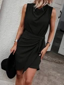 Kadın Sıfır Kollu Degaje Yakalı Yandan Bağlamalı Aerobin Elbise thumbnail 5