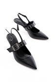 İNF-260 Siyah Günlük Arkası Açık Baret Tokalı Topuklu Bayan Ayakkabı thumbnail 3