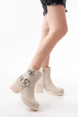 5109-3028 Bej Toka Aksesuarlı Fermuarlı Topuklu Günlük Kadın Bot thumbnail 1
