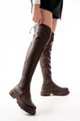 812-2194 Kahverengi Fermuarlı Diz Üstü Bağcıklı Çorap Günlük Kadın Çizme thumbnail 1