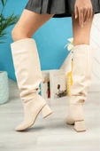 SYT-2002 Bej Körüklü Kalın Topuklu Günlük Bayan Çizme thumbnail 2