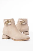 RM-504 Bej Süet Toka Aksesuarlı Topuklu Fermuarlı Günlük Kadın Bot thumbnail 3