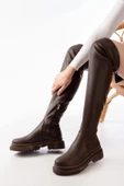 812-2194 Kahverengi Fermuarlı Diz Üstü Bağcıklı Çorap Günlük Kadın Çizme thumbnail 3