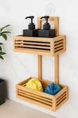 Doğal Bambu Duvar Tipi 2 Katlı Banyo Rafı – Askılı ve Vakumlu Organizer BR-6703 thumbnail 1