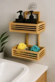 Doğal Bambu Duvar Tipi 2 Katlı Banyo Rafı – Askılı ve Vakumlu Organizer BR-6703 thumbnail 2