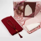 Seccade + Eşarp + Takke + Tesbih Hediye Seti (Asetat Kutulu, Bordo) thumbnail 2