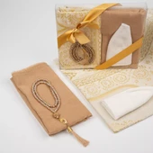 Seccade + Eşarp + Takke + Tesbih Hediye Seti (Asetat Kutulu, Gold) - 2