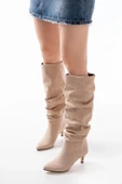 SR-2001 Bej Süet İnce Topuklu Günlük Bayan Çizme thumbnail 2