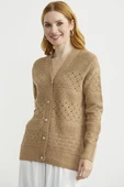 Delik Motifli Yünlü Triko Hırka - Kamel thumbnail 3