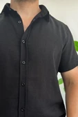 Erkek Kısa Kollu Keten Görünümlü Gömlek Siyah Edw389 thumbnail 4