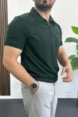 Erkek Yakası ve Kolu Nakış Detaylı Polo Yaka Fermuarlı Tişört Yeşil Edw392 thumbnail 2