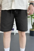 Erkek Beli Lastikli Keten Kumaş Şort Siyah Edw370 thumbnail 4
