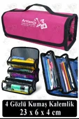 4 Gözlü Kalem Çantası 1 Adet Dört Bölümlü Kalemlik Sanatsal Şeffaf Bölmeli Kulplu Taşınabilir Kumaş Kalemlik - 5