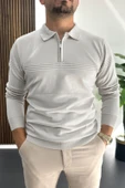 Erkek Slim Fit Çizgi Detaylı Polo Yaka Kazak Gri Edw427 - 2