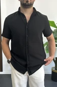 Erkek Kısa Kollu Keten Görünümlü Gömlek Siyah Edw389 thumbnail 1