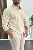 Erkek Açık Yaka Düz Desen Normal Kalıp Kazak Krem Edw423 - 2