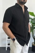 Erkek Kısa Kollu Keten Görünümlü Gömlek Siyah Edw389 thumbnail 2