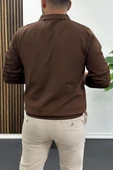 Erkek Yarım Fermuarlı Düz Desen Polo Yaka Kazak Kahverengi Edw424 thumbnail 3