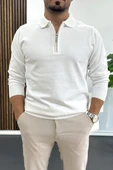 Erkek Yarım Fermuarlı Düz Desen Polo Yaka Kazak Beyaz Edw424 thumbnail 1