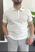 Erkek Yakası ve Kolu Nakış Detaylı Polo Yaka Fermuarlı Tişört Beyaz Edw392 thumbnail 1