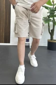 Erkek Beli Lastikli Cepli Şort Krem Edw388 thumbnail 2