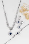 Gümüş Pazarım Hürrem Sultan Modeli Safir Taşllı Damla Motifli 925 Ayar Gümüş Set - 4