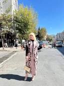 Siyah çizgi desenli elbiseli hırka takım pudra siyah - 2