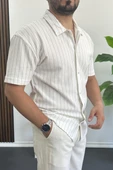 Erkek Dik Çizgili Kısa Kollu Gömlek Krem Edw387 thumbnail 2
