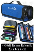 4 Gözlü Kalem Çantası 1 Adet Dört Bölümlü Kalemlik Sanatsal Şeffaf Bölmeli Kulplu Taşınabilir Kumaş Kalemlik - 3