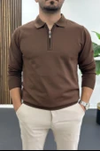 Erkek Yarım Fermuarlı Düz Desen Polo Yaka Kazak Kahverengi Edw424 thumbnail 1
