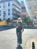 BİÇOMİ Siyah çizgi desenli elbiseli hırka triko takım haki - 3